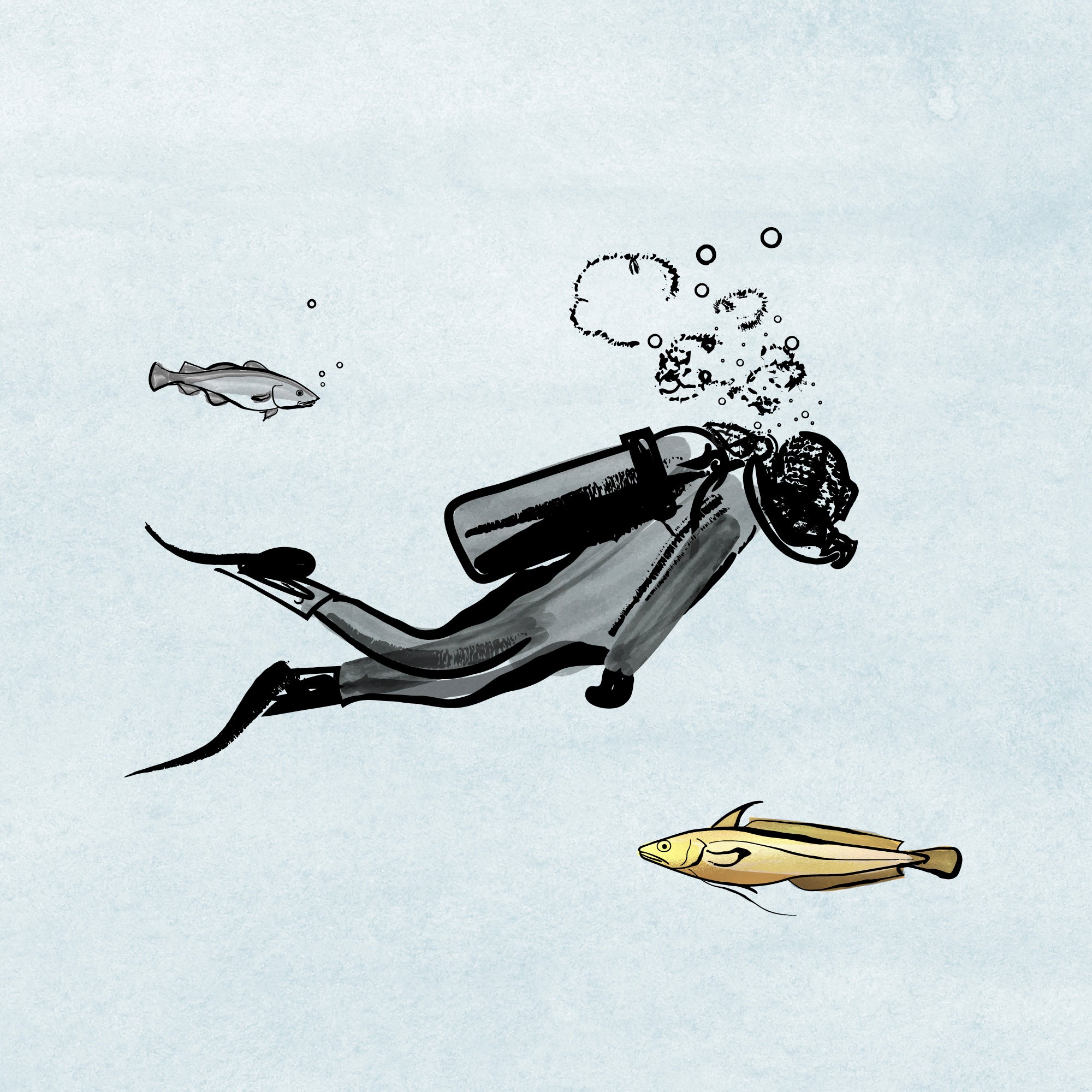 Illustration of a Scuba Diver with two fish surrounding him