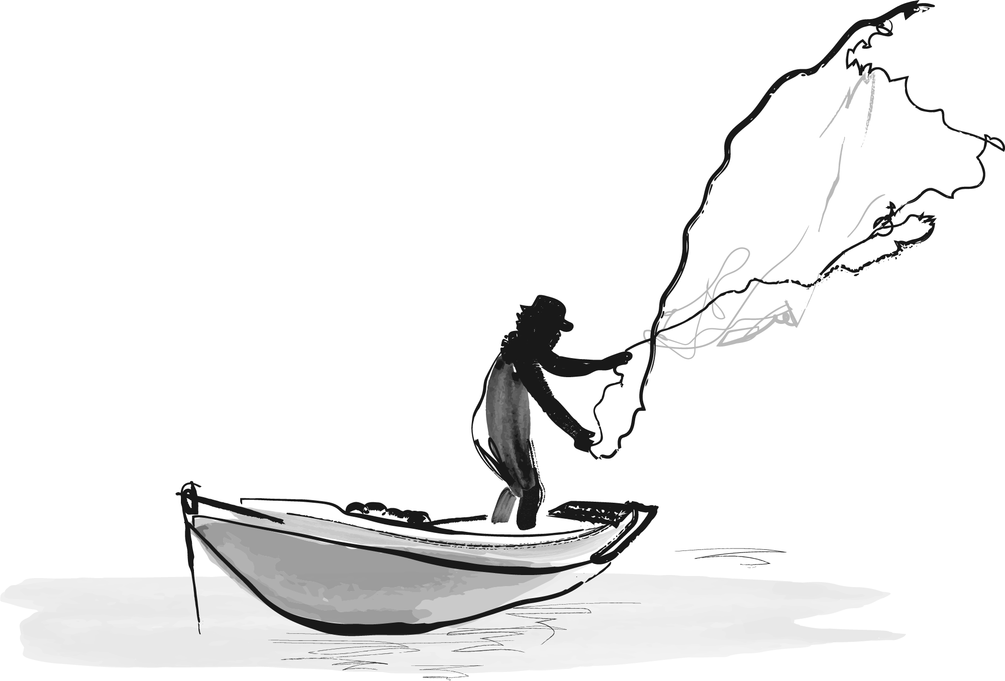 Black and white illustration of a person fishing from a boat.