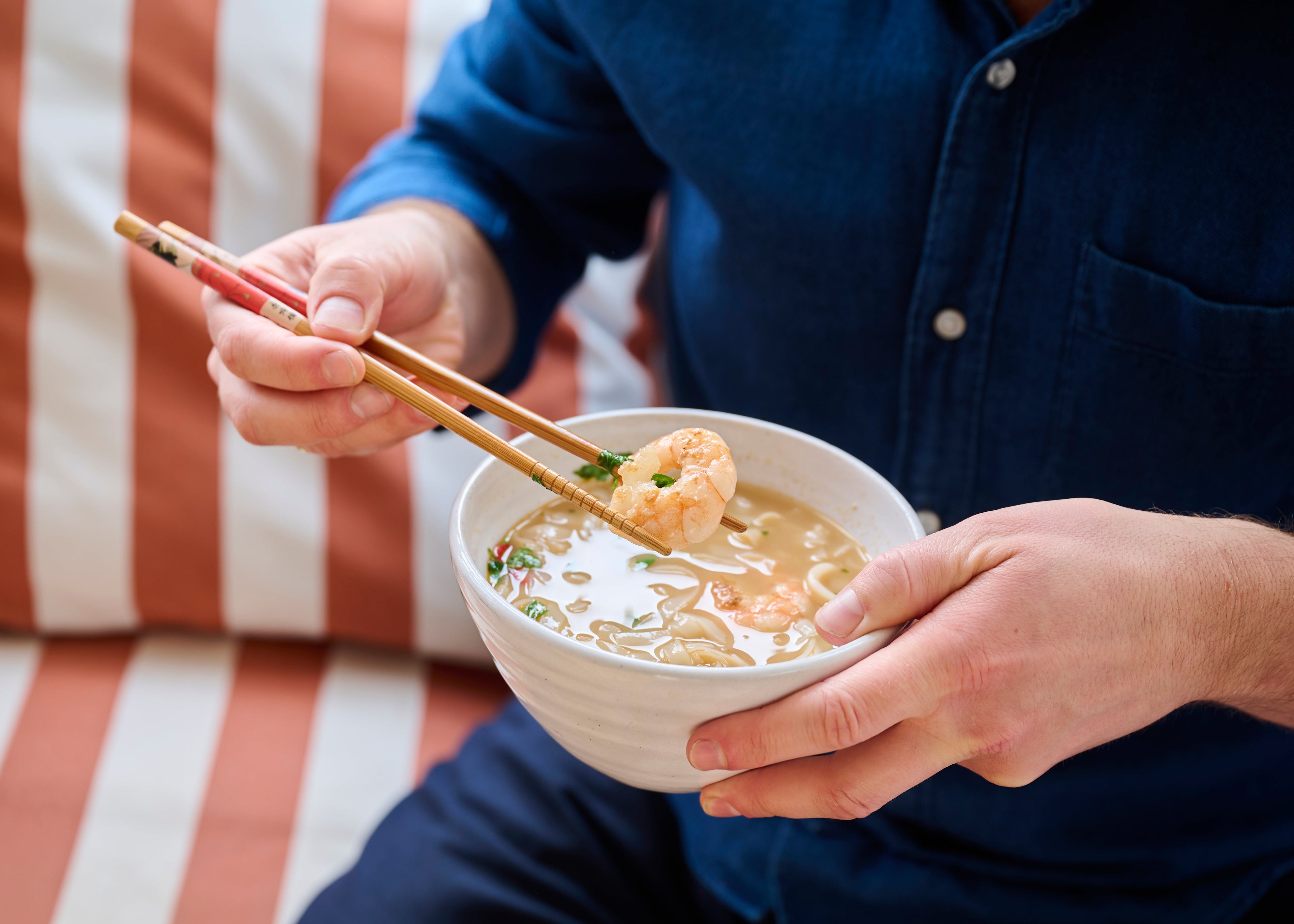 King Prawn Ramen with Miso Brown Butter, Ginger Greens & Crispy Chilli Lime Oil